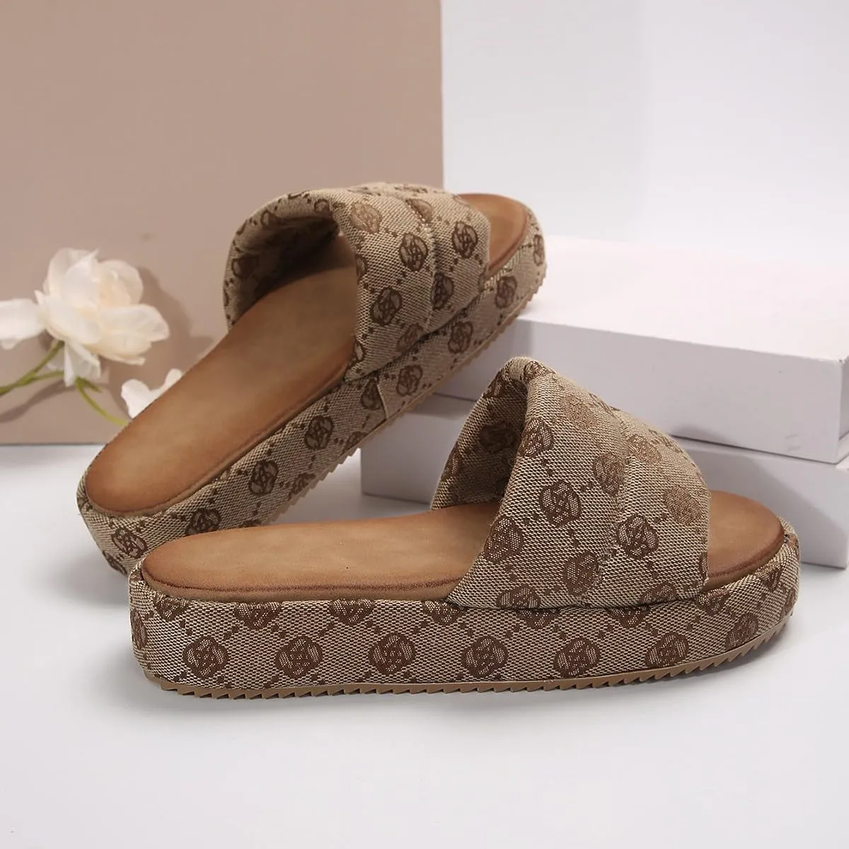 Women's Canvas Platform Slides Sandals Graphic Print Dressy Open Square Toe Summer Slide Flat Sandals