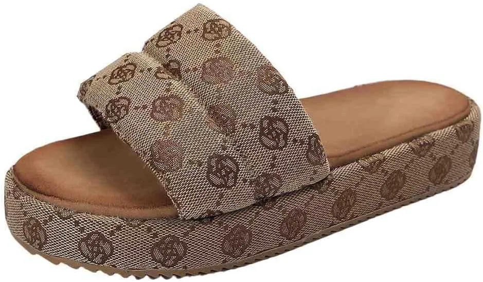 Women's Canvas Platform Slides Sandals Graphic Print Dressy Open Square Toe Summer Slide Flat Sandals