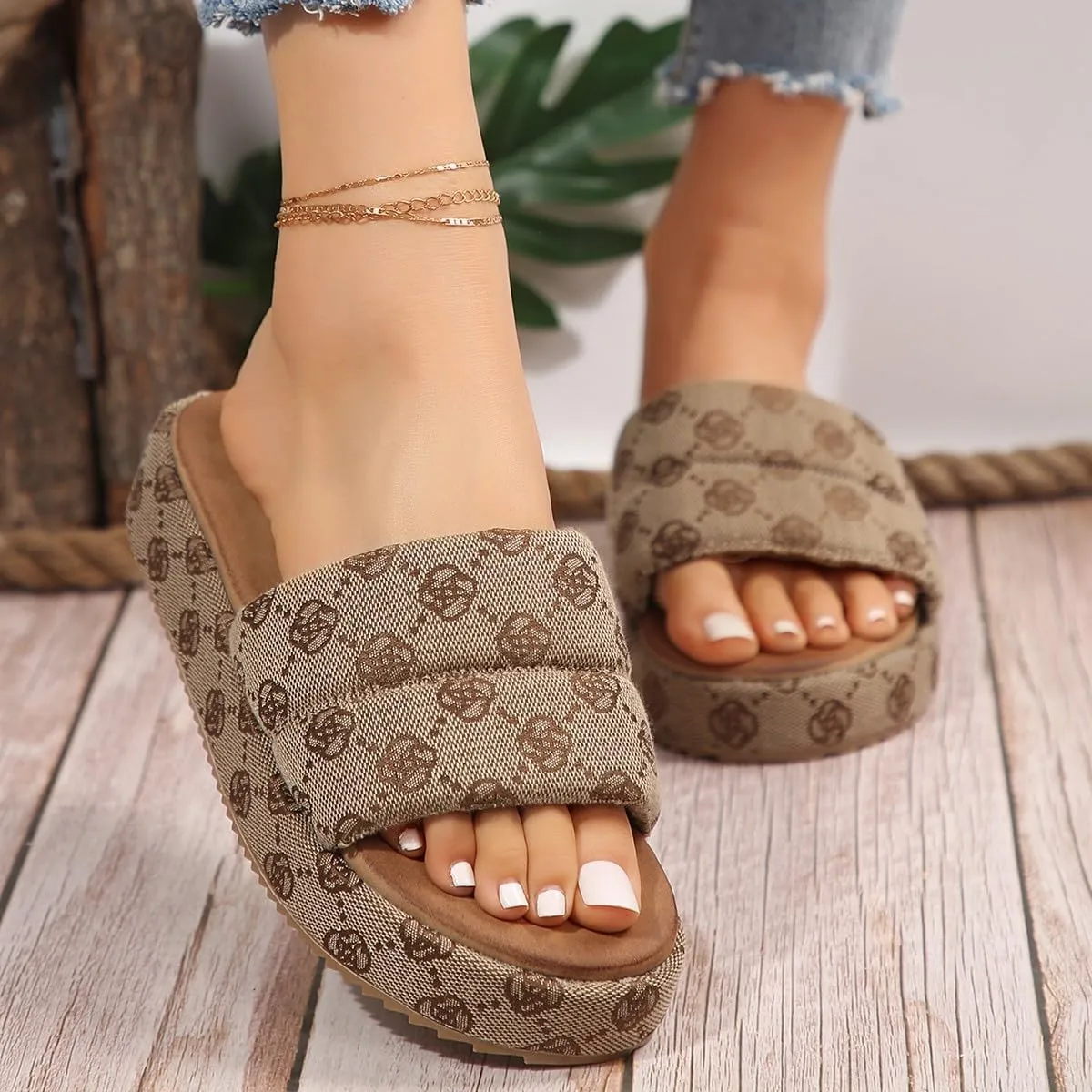 Women's Canvas Platform Slides Sandals Graphic Print Dressy Open Square Toe Summer Slide Flat Sandals