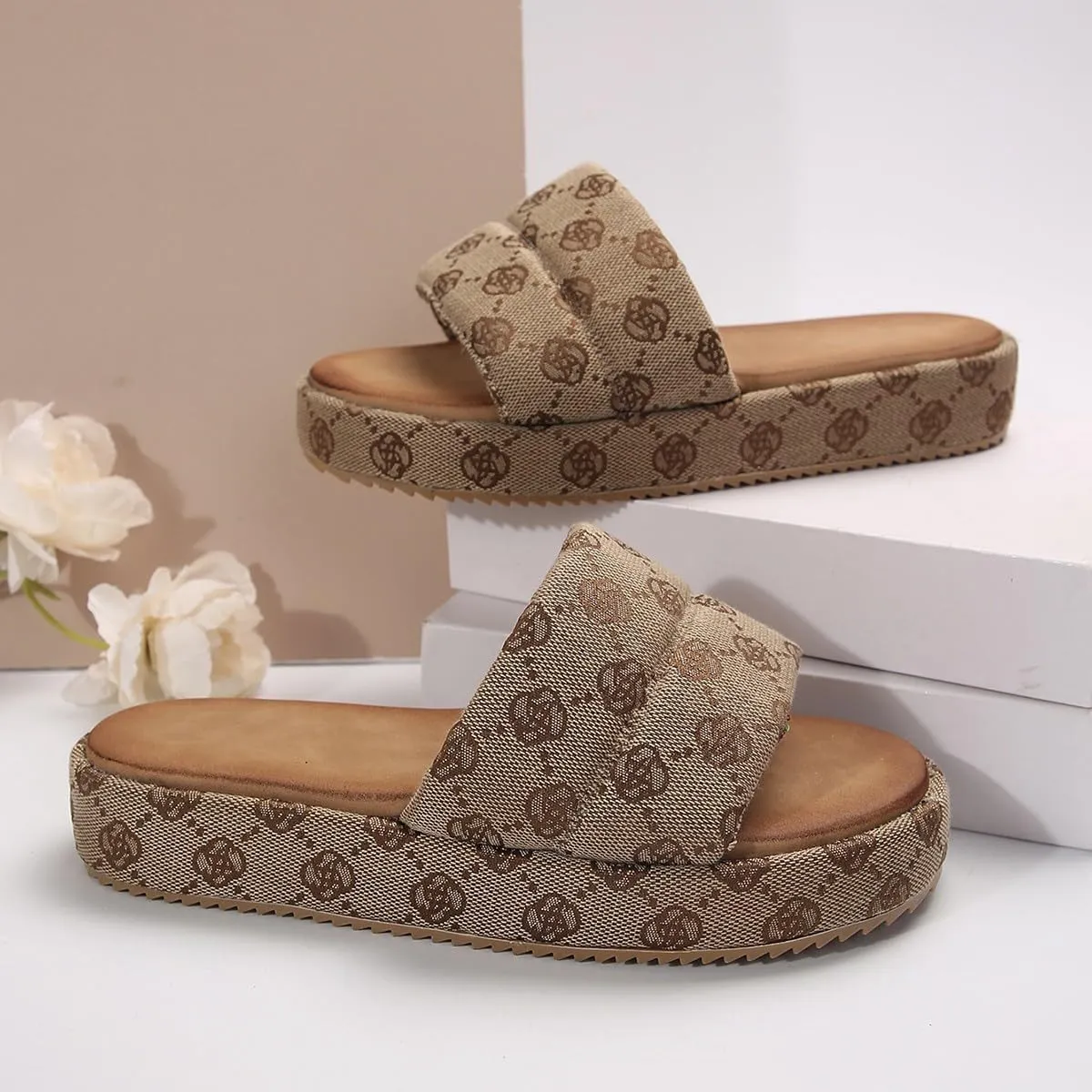 Women's Canvas Platform Slides Sandals Graphic Print Dressy Open Square Toe Summer Slide Flat Sandals