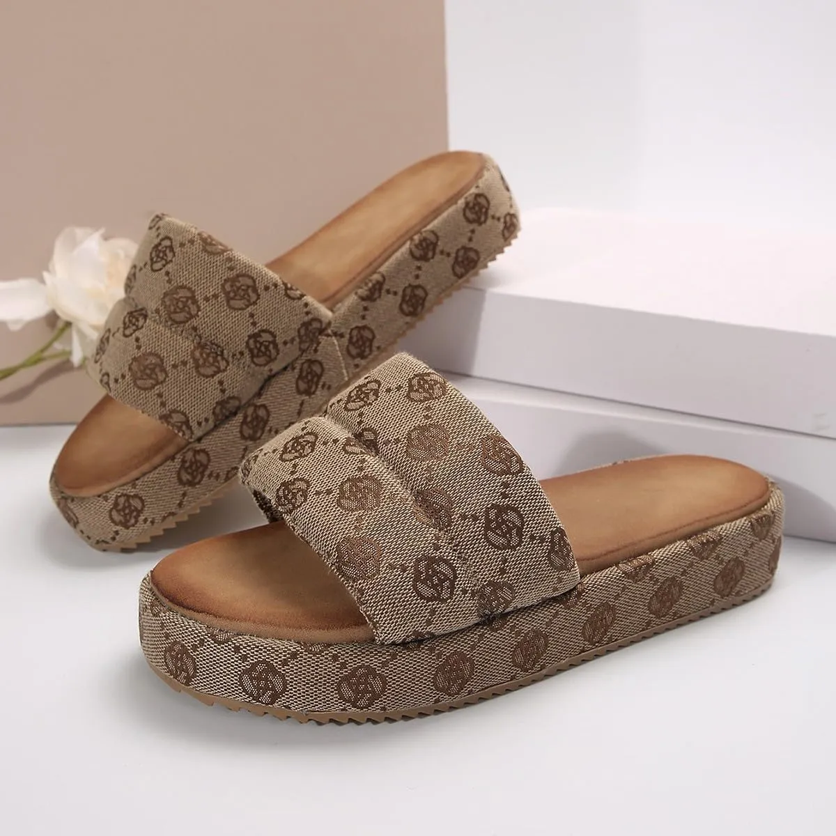 Women's Canvas Platform Slides Sandals Graphic Print Dressy Open Square Toe Summer Slide Flat Sandals