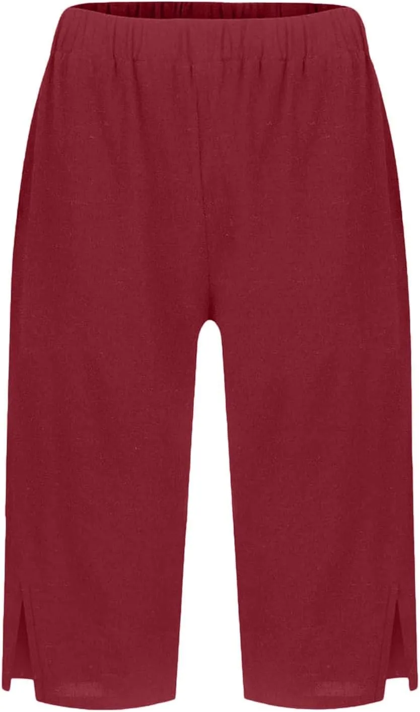 Women's Linen Bermuda Shorts Loose Fit Elastic Waist Drawstring Wide Leg Shorts Summer Casual Beach Outfits with Pocket