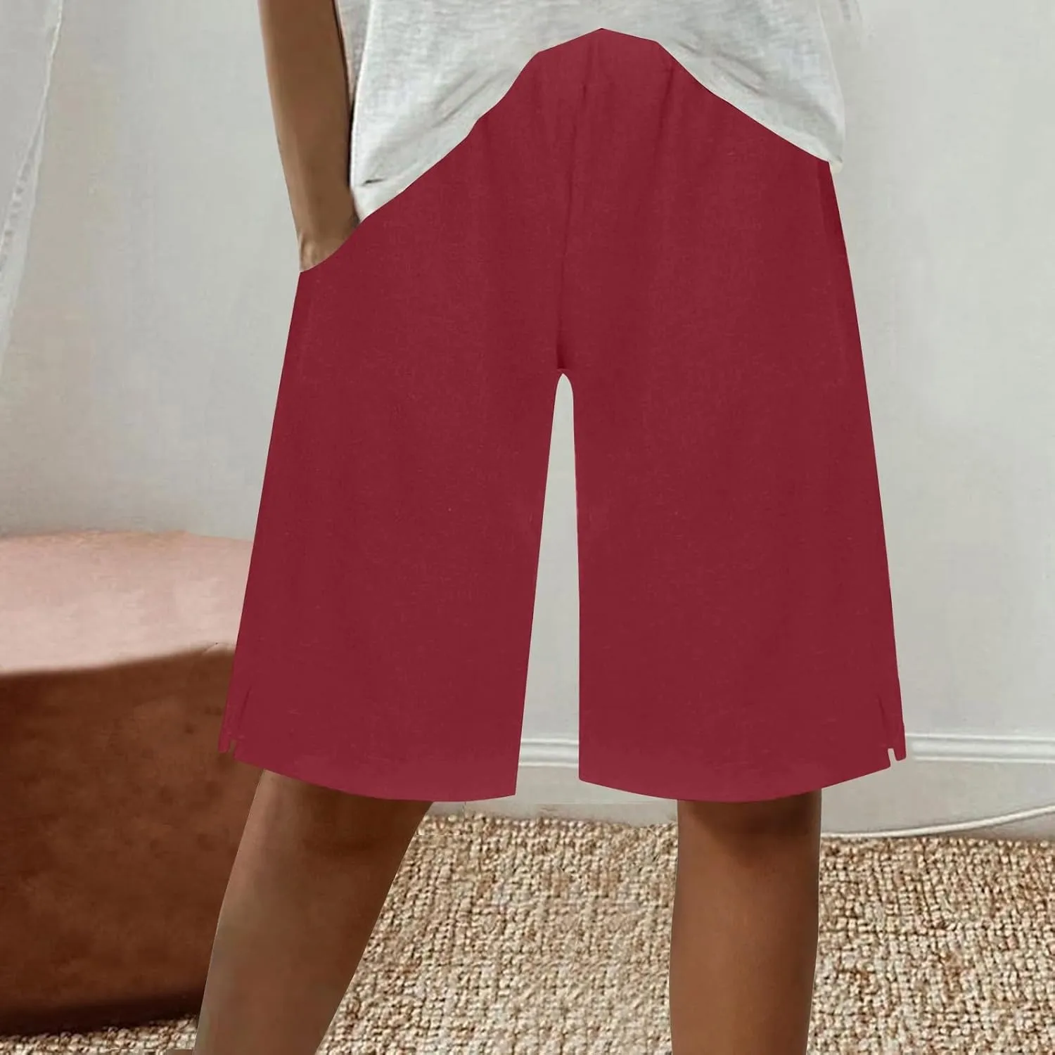 Women's Linen Bermuda Shorts Loose Fit Elastic Waist Drawstring Wide Leg Shorts Summer Casual Beach Outfits with Pocket