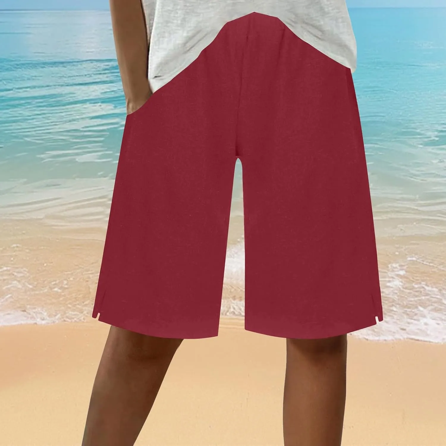 Women's Linen Bermuda Shorts Loose Fit Elastic Waist Drawstring Wide Leg Shorts Summer Casual Beach Outfits with Pocket