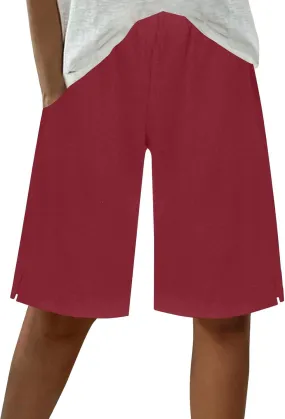 Women's Linen Bermuda Shorts Loose Fit Elastic Waist Drawstring Wide Leg Shorts Summer Casual Beach Outfits with Pocket